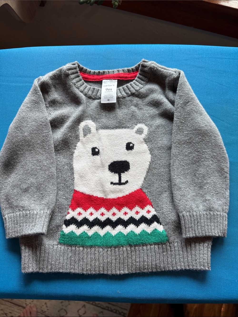 Carter's Size 9 month Gray Sweater with White Polar Bear
